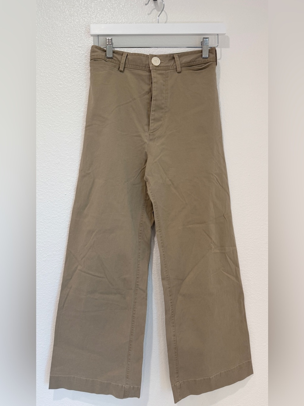 Emerson Thorpe Minimalist Beige High Rise Wide Leg Cropped Chino Trousers 2